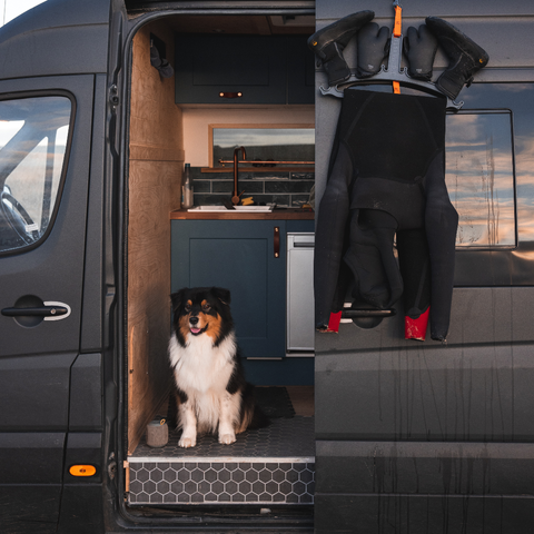 Wetsuit hanging on a C-MONSTA hanger on the side of a van | C-MONSTA